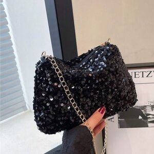 Elegant Black Sequin Chain Bag